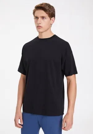 Siyah Bisiklet Yaka Pamuklu Oversize Erkek T-Shirt ESSENTIALS