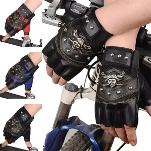 Skull Rivet Fingerless Gloves - PU Leather Moto Style