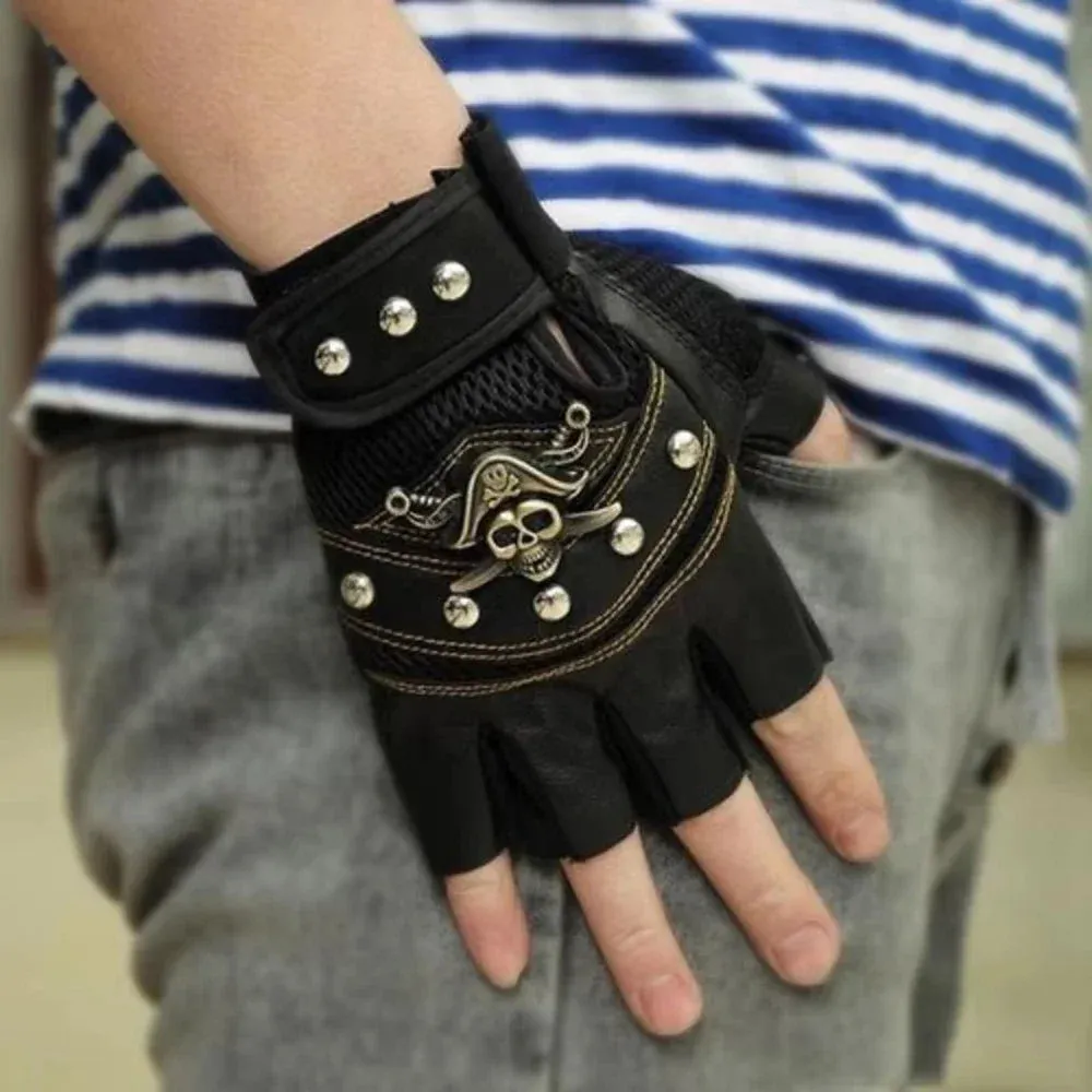 Skull Rivet Fingerless Gloves - PU Leather Moto Style