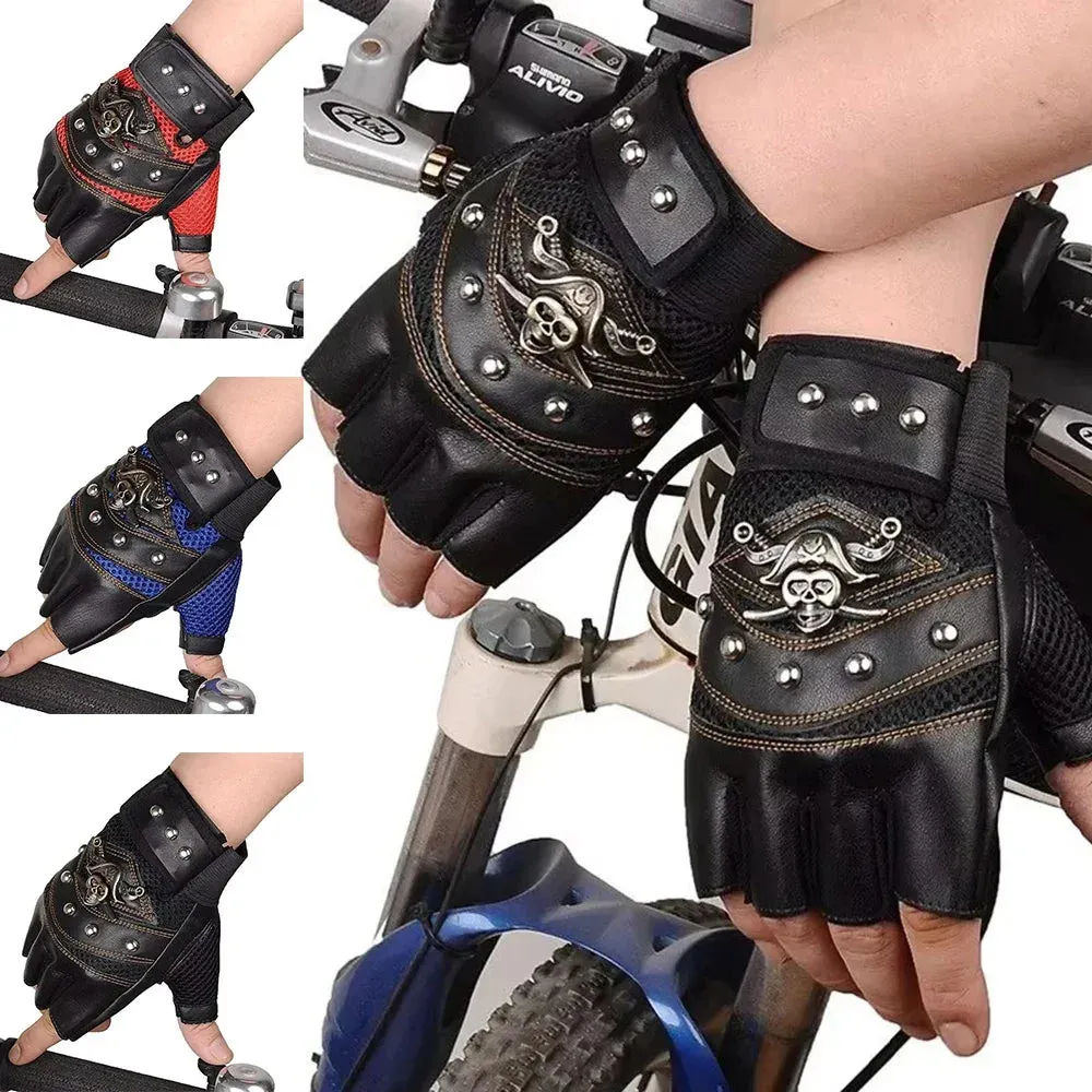 Skull Rivet Fingerless Gloves - PU Leather Moto Style