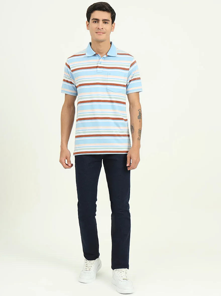 Sky Blue & Brown Striped Slim Fit Polo T-Shirt | Greenfibre