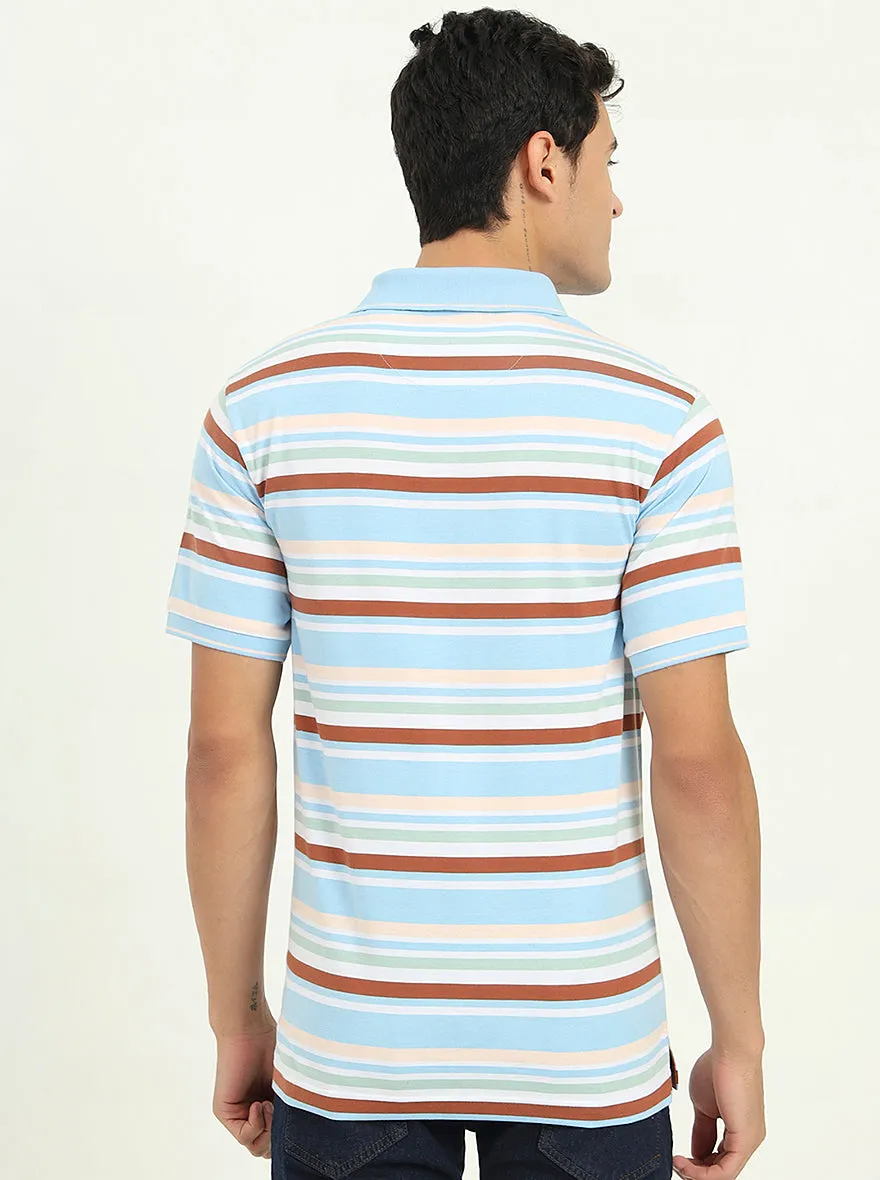 Sky Blue & Brown Striped Slim Fit Polo T-Shirt | Greenfibre