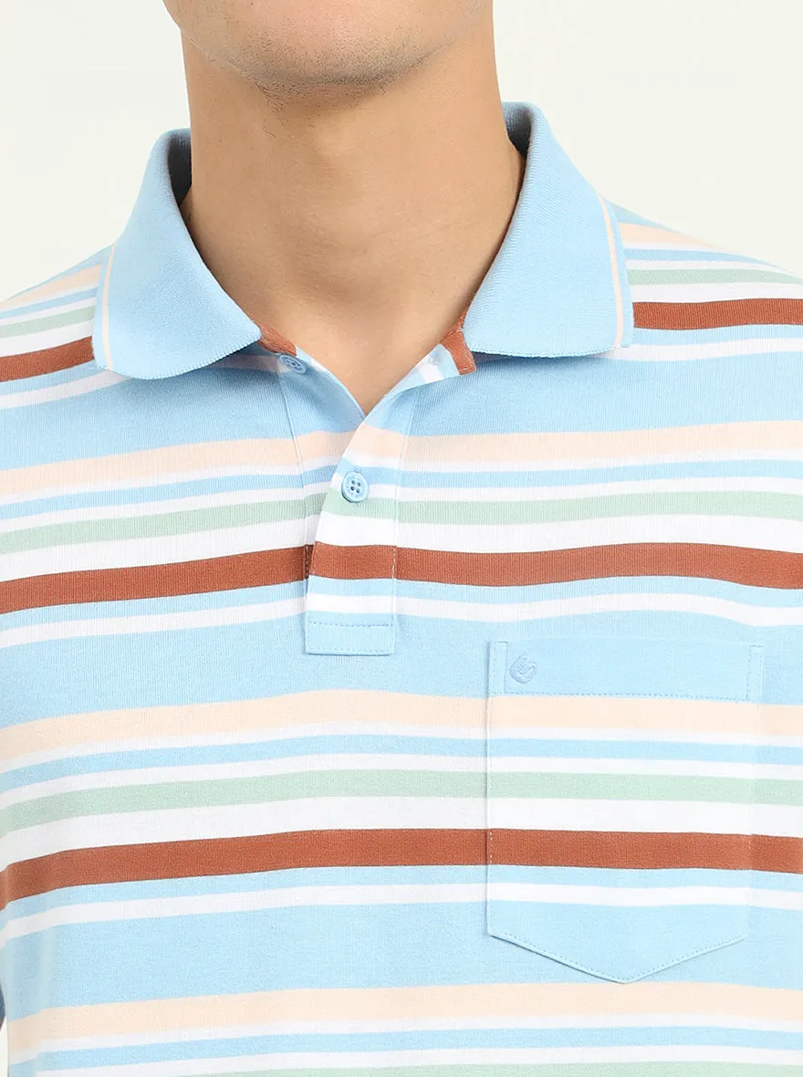 Sky Blue & Brown Striped Slim Fit Polo T-Shirt | Greenfibre