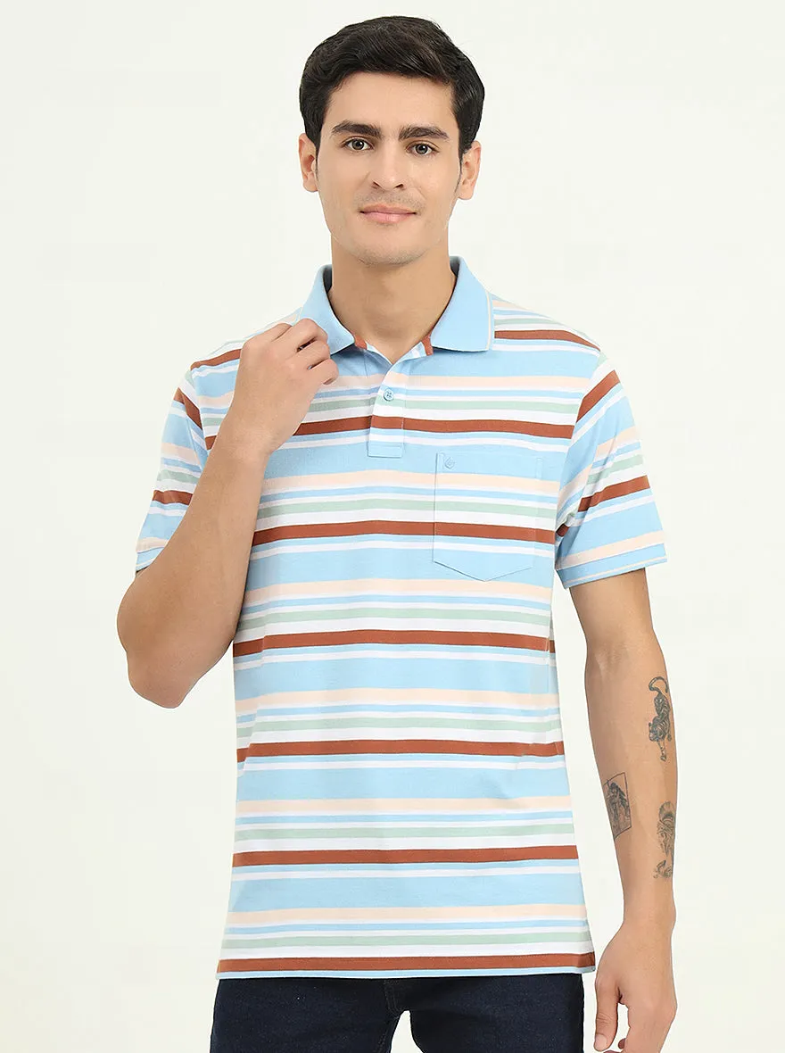 Sky Blue & Brown Striped Slim Fit Polo T-Shirt | Greenfibre