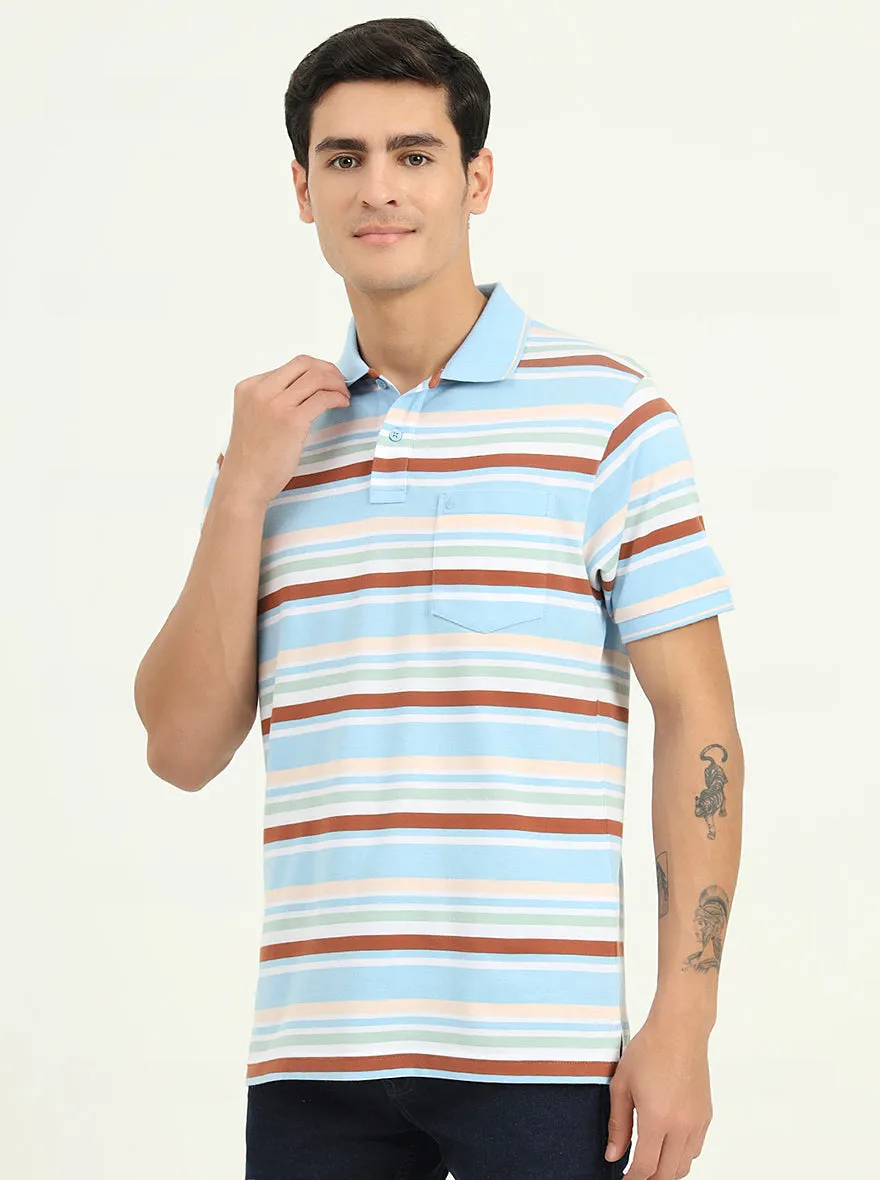 Sky Blue & Brown Striped Slim Fit Polo T-Shirt | Greenfibre