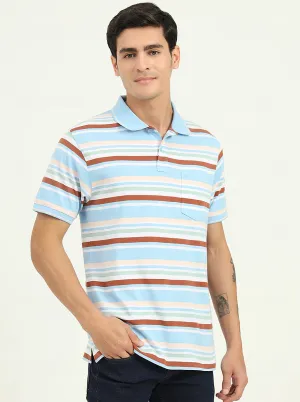 Sky Blue & Brown Striped Slim Fit Polo T-Shirt | Greenfibre