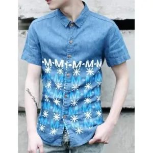 Slimming Turn-down Collar Fashion Union Jack and Letters Print Short Sleeves Men's Denim Shirt - Deep Blue Xl