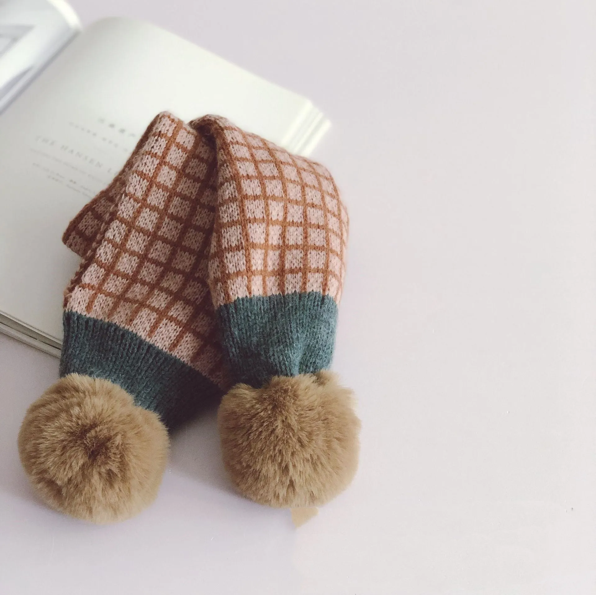 Small Square Plaid Color Matching Big Hair Ball Children's Pullover Scarf