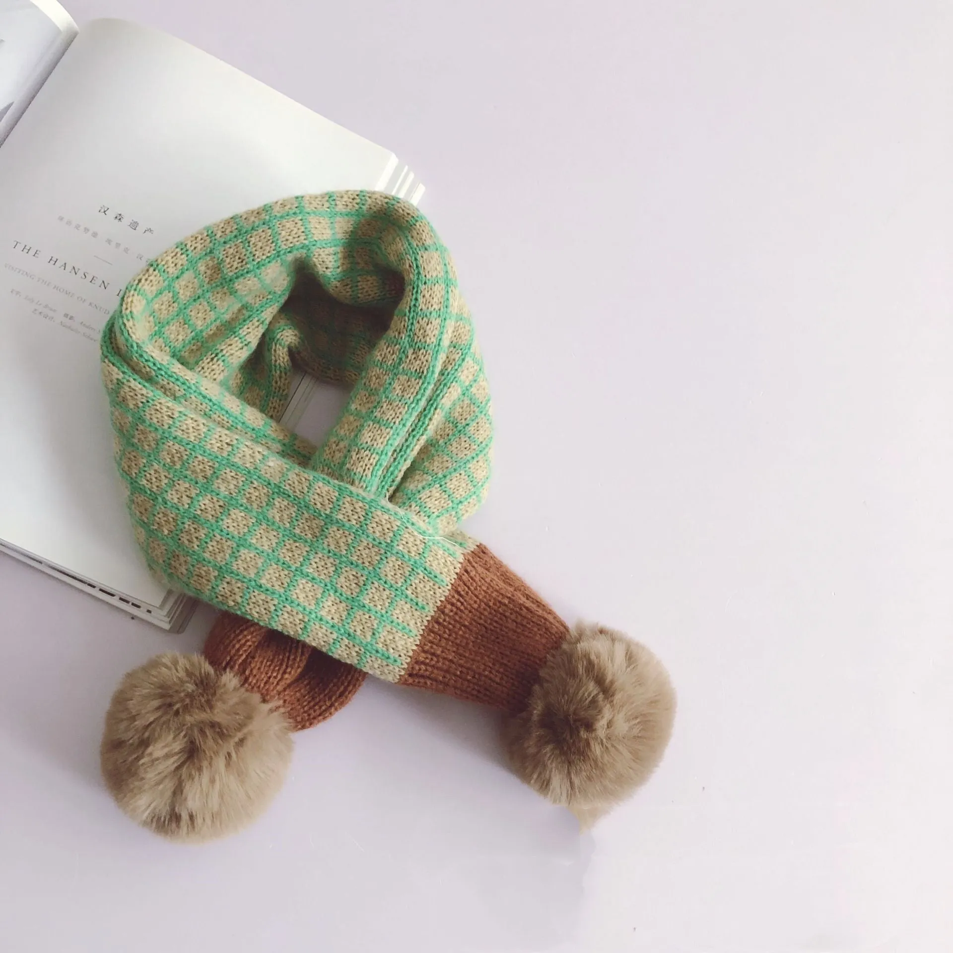 Small Square Plaid Color Matching Big Hair Ball Children's Pullover Scarf