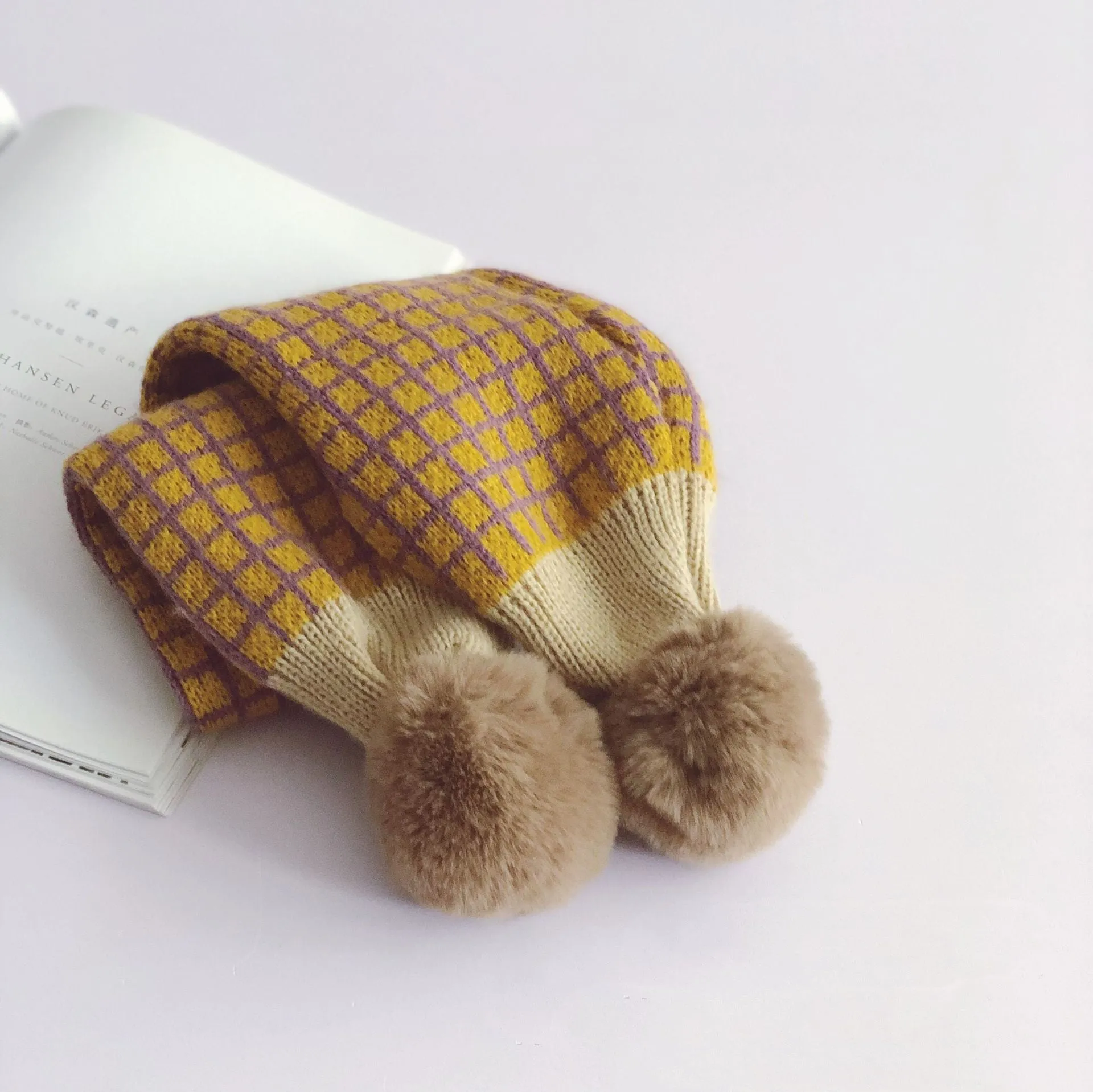 Small Square Plaid Color Matching Big Hair Ball Children's Pullover Scarf
