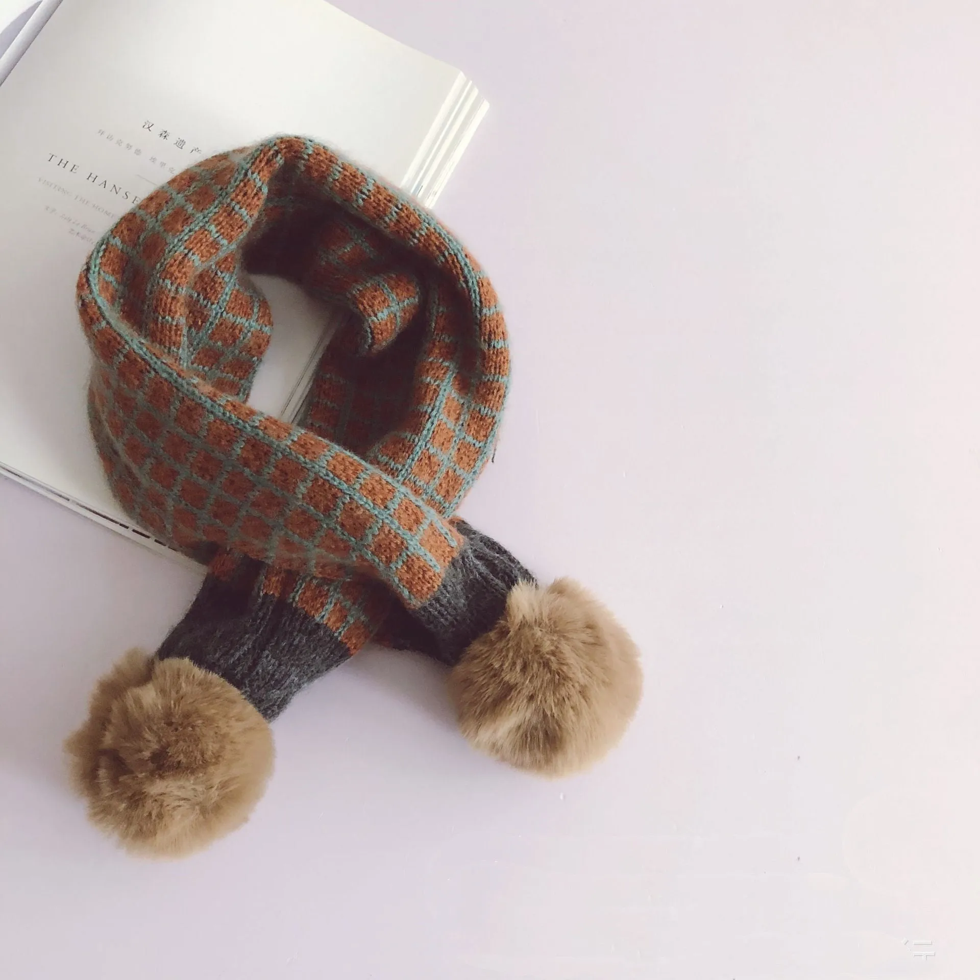 Small Square Plaid Color Matching Big Hair Ball Children's Pullover Scarf