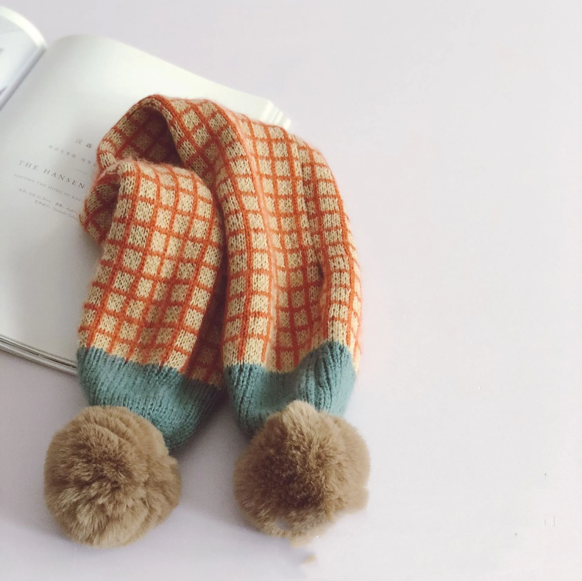 Small Square Plaid Color Matching Big Hair Ball Children's Pullover Scarf