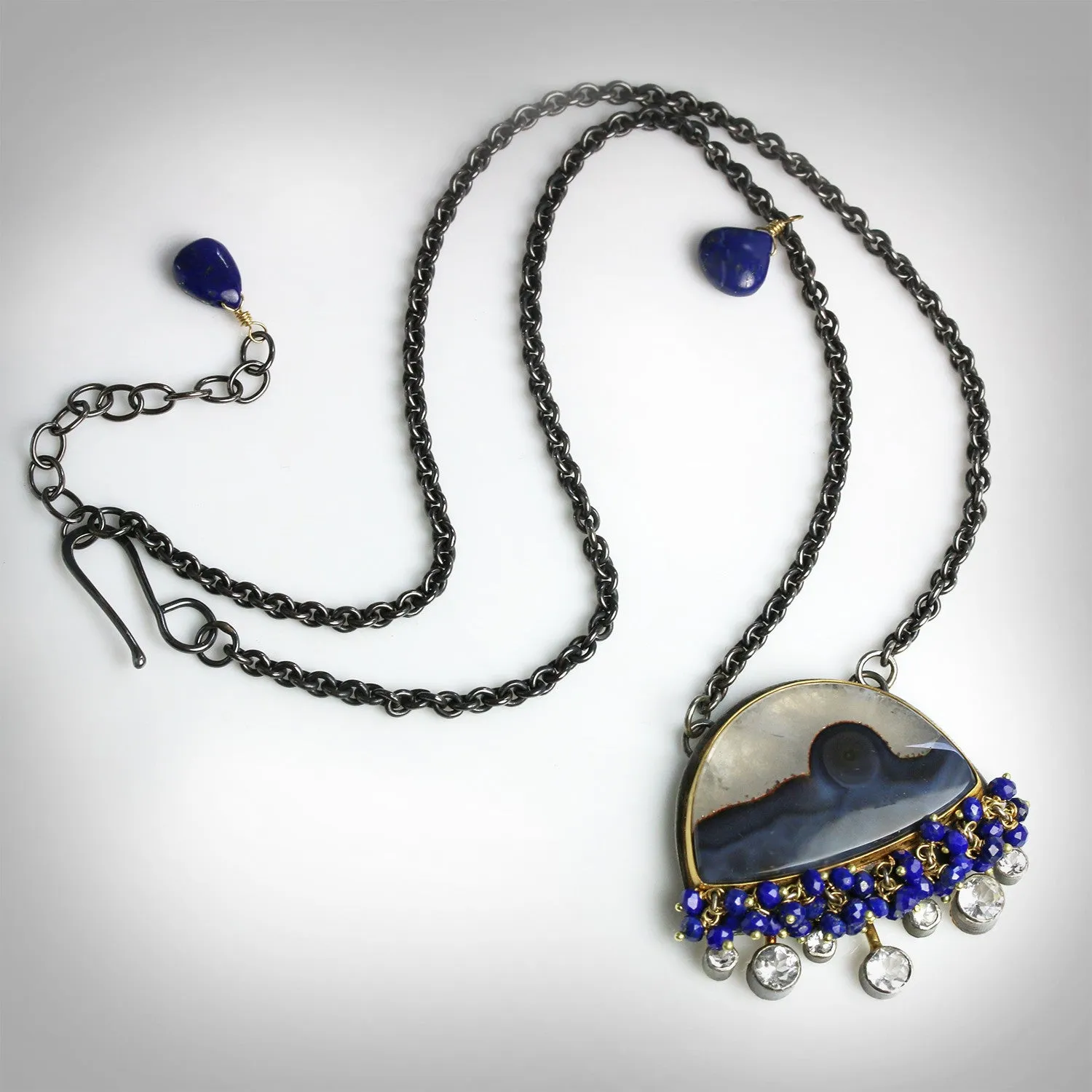 SOLD Brazilian Agate Landscape Necklace with White Topaz Rays and Lapis Fringe