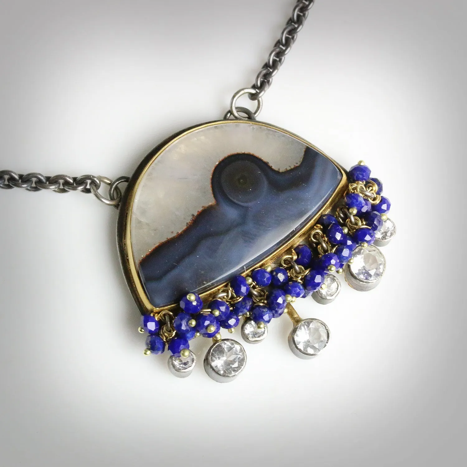 SOLD Brazilian Agate Landscape Necklace with White Topaz Rays and Lapis Fringe