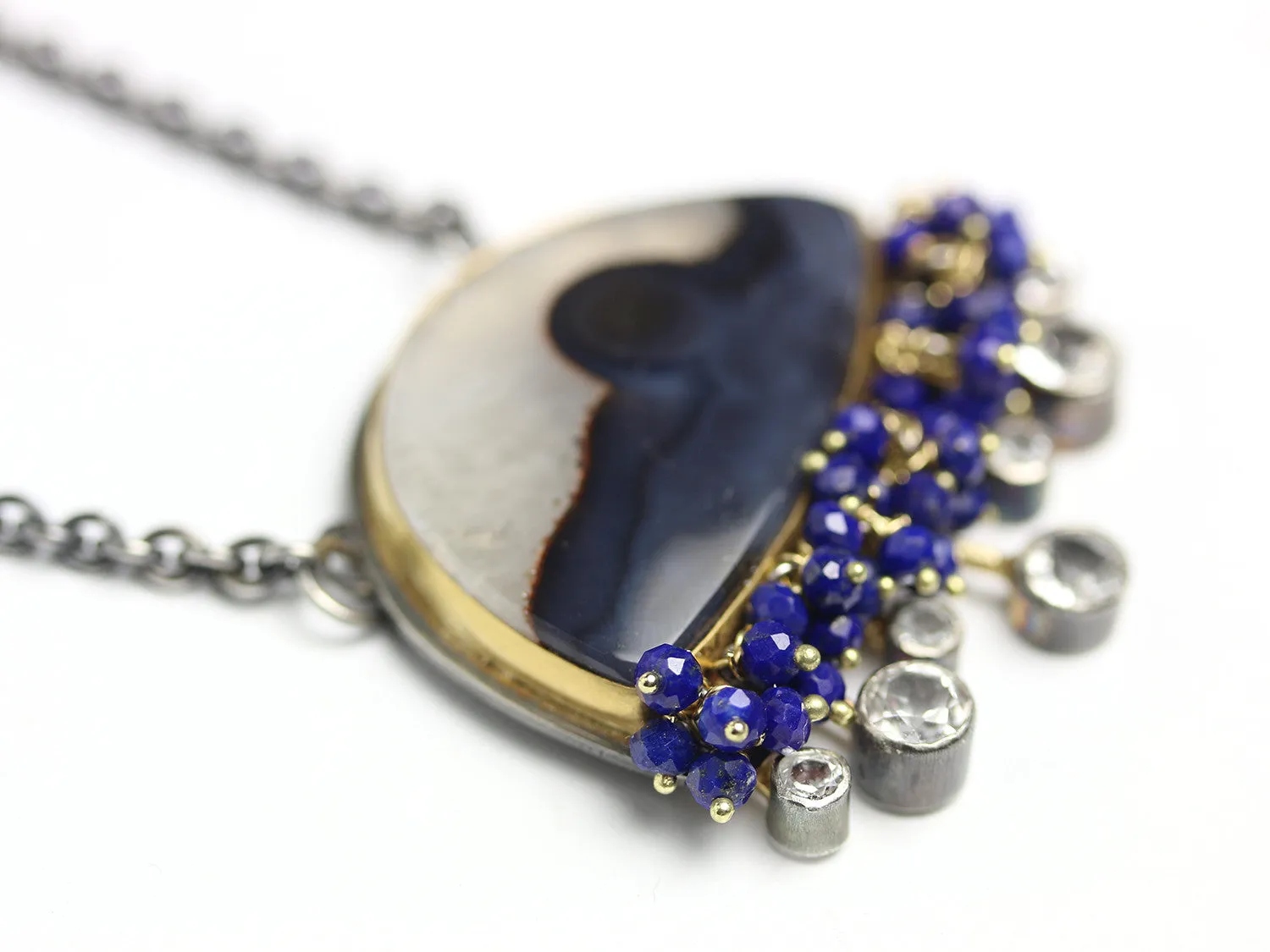 SOLD Brazilian Agate Landscape Necklace with White Topaz Rays and Lapis Fringe