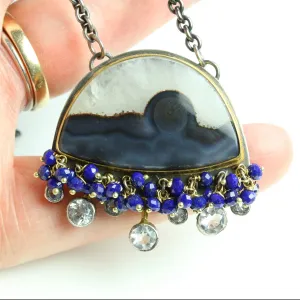 SOLD Brazilian Agate Landscape Necklace with White Topaz Rays and Lapis Fringe
