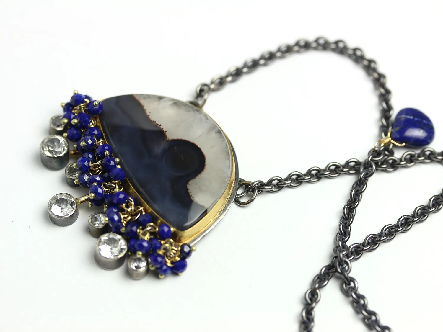 SOLD Brazilian Agate Landscape Necklace with White Topaz Rays and Lapis Fringe