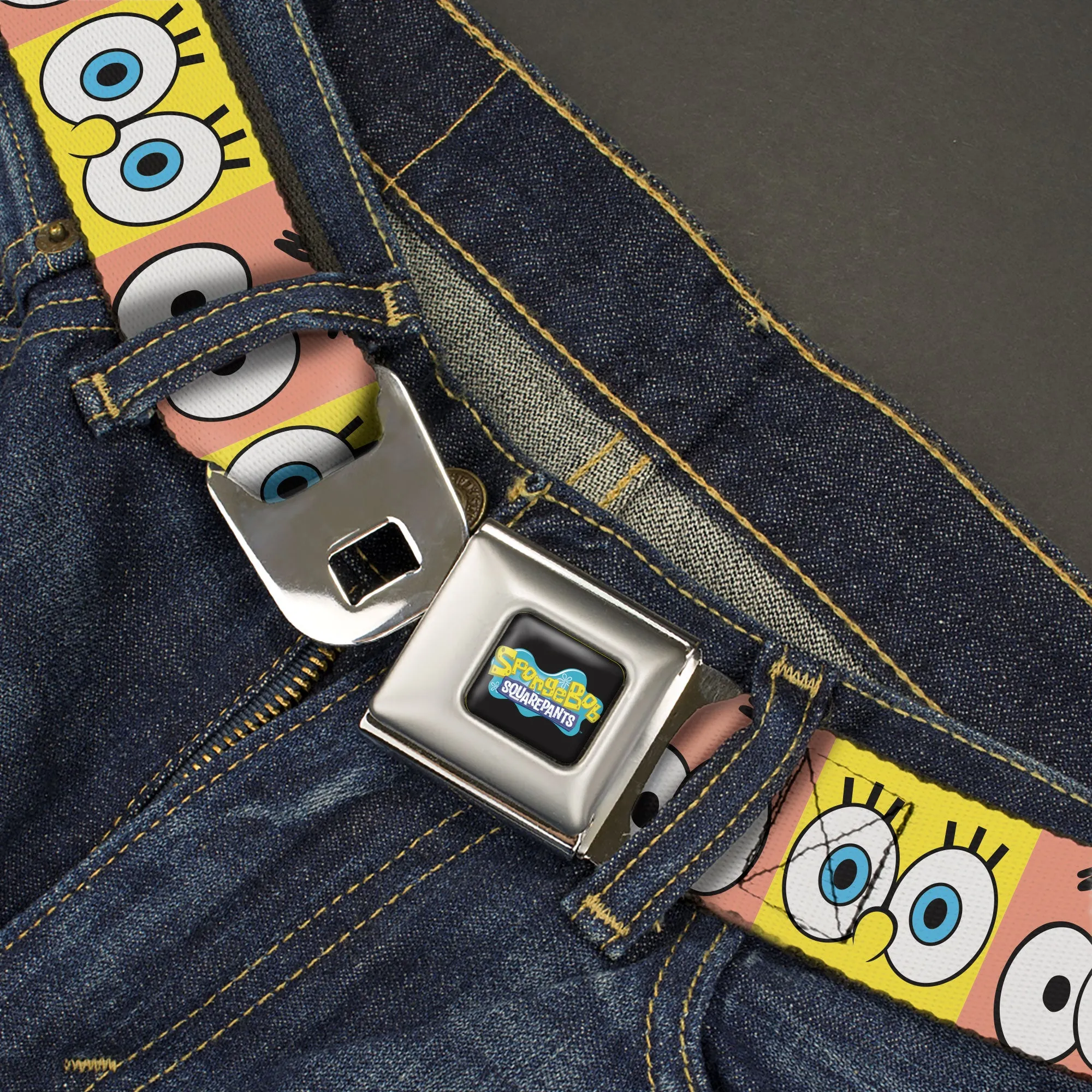 SpongeBob SquarePants Logo Full Color Black/Blues Seatbelt Belt - SpongeBob SquarePants and Patrick Star Eye Blocks Yellow/Pink Webbing
