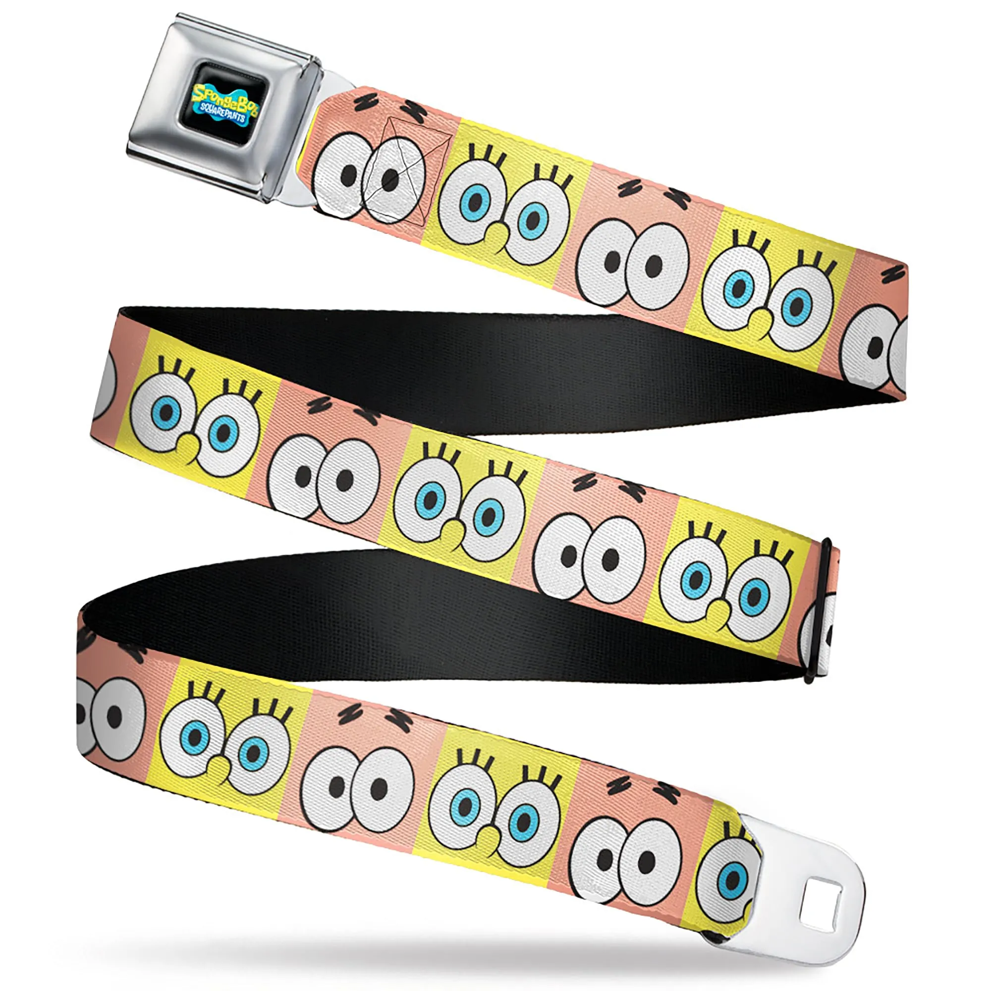 SpongeBob SquarePants Logo Full Color Black/Blues Seatbelt Belt - SpongeBob SquarePants and Patrick Star Eye Blocks Yellow/Pink Webbing