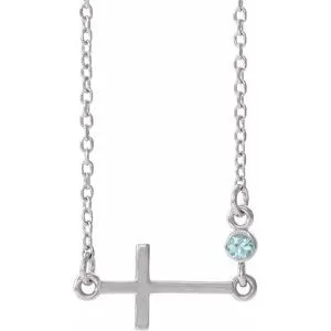 Sterling Silver Blue Zircon Sideways Accented Cross 16-18" Necklace