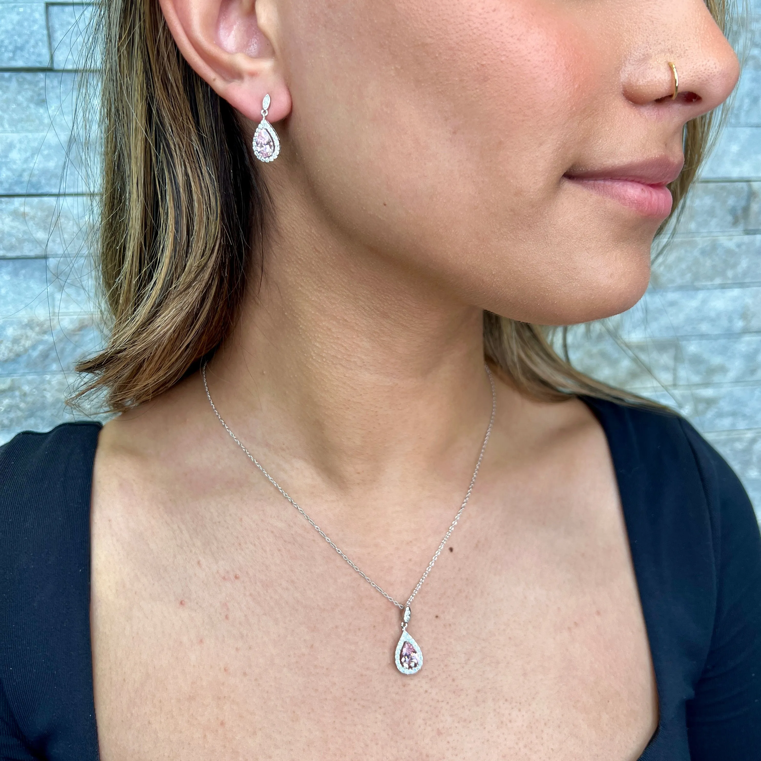 Sterling Silver Pink and Clear Cubic Zirconia Necklace and Earring Set