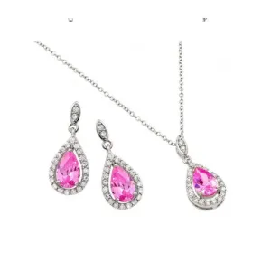 Sterling Silver Pink and Clear Cubic Zirconia Necklace and Earring Set