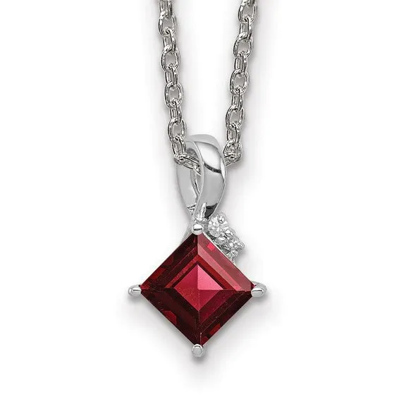 Sterling Silver Princess Square Gemstone & Diamond Pendant Necklaces