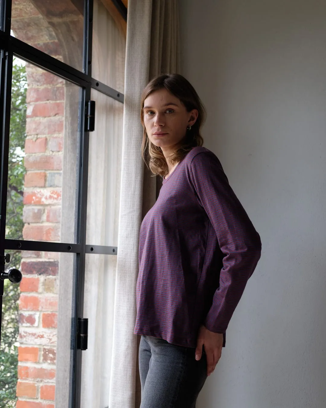 Striped Organic Jersey Cotton T-Shirt | Blue & Rust Stripe