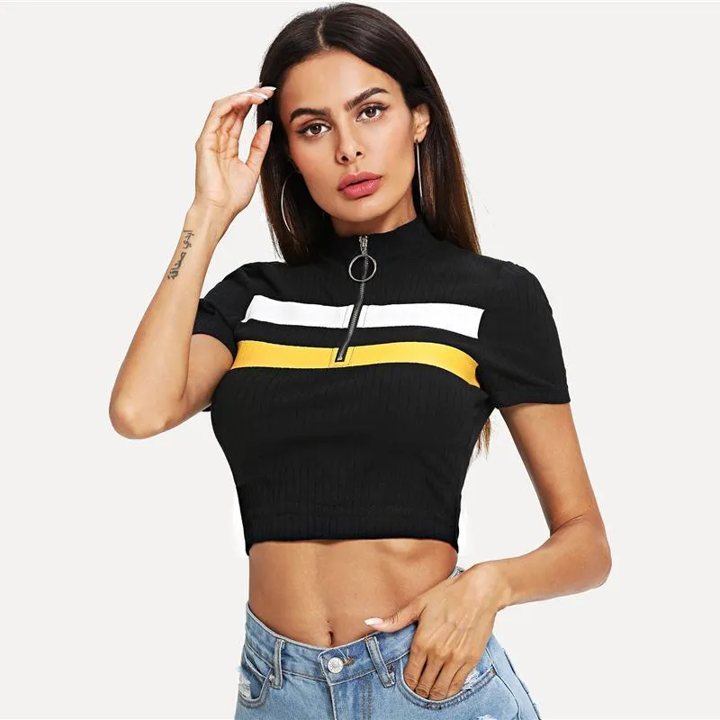 Striped Zip-Up Crop T-Shirt