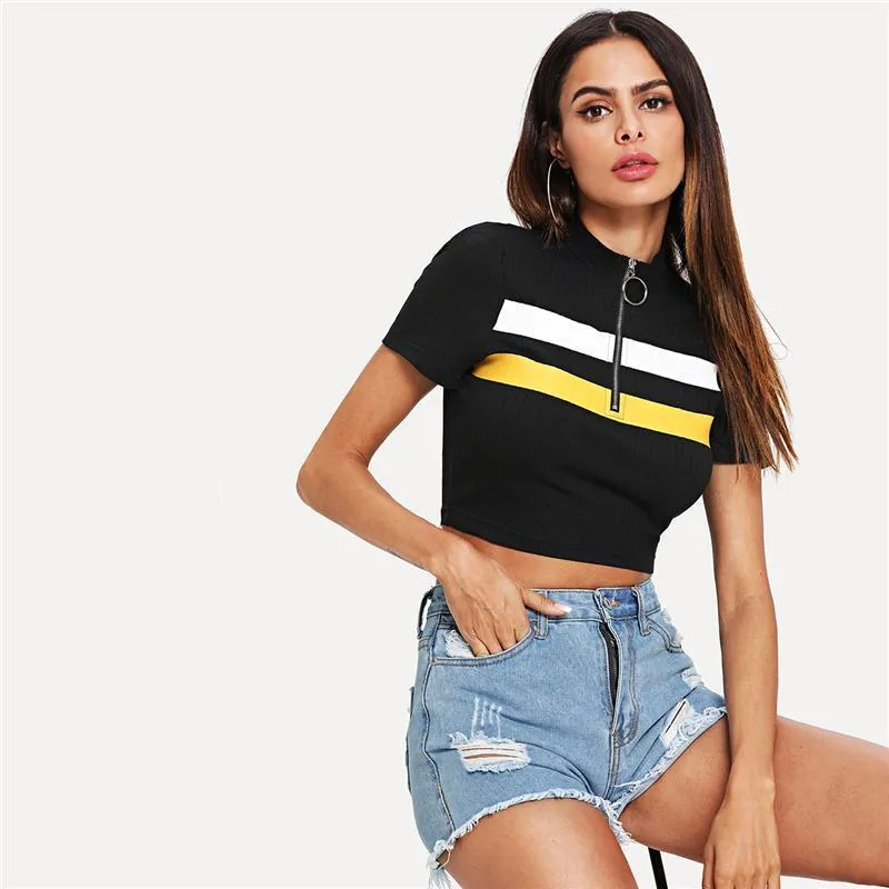 Striped Zip-Up Crop T-Shirt