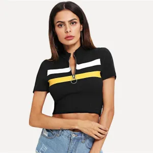 Striped Zip-Up Crop T-Shirt