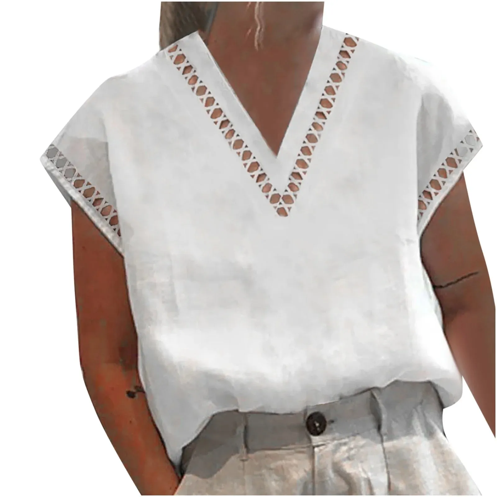 Summer Saving Clearance 2024!  Womens Tee Shirts Clearance White Cotton Linen Solid Color Casual V Neck Tops Cotton Design Blouses