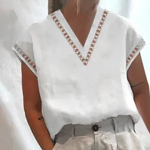 Summer Saving Clearance 2024!  Womens Tee Shirts Clearance White Cotton Linen Solid Color Casual V Neck Tops Cotton Design Blouses
