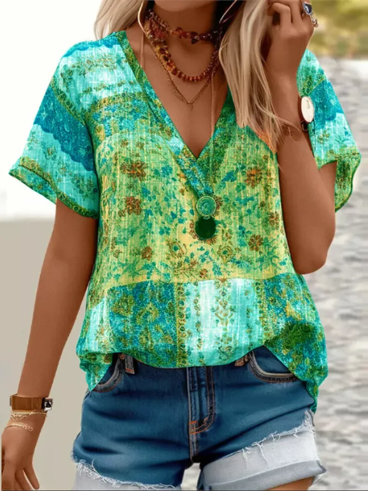 Summer V Neck Short Sleeve Floral Print Shirt for Women