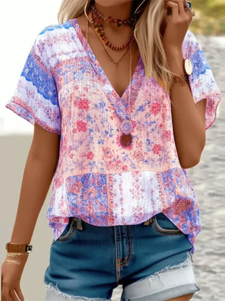 Summer V Neck Short Sleeve Floral Print Shirt for Women