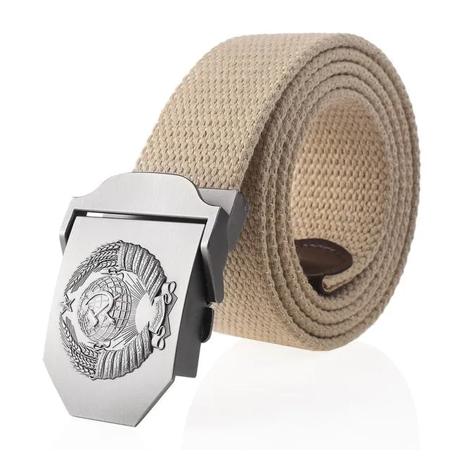 SupSindy New Canvas Belt 3D Soviet National Emblem metal buckle jeans belts for Men CCCP Army Military tactical belts male strap