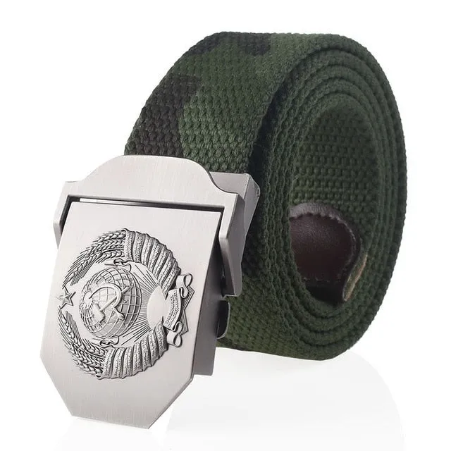 SupSindy New Canvas Belt 3D Soviet National Emblem metal buckle jeans belts for Men CCCP Army Military tactical belts male strap