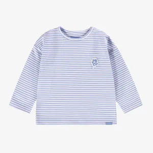 T-shirt rayé bleu et crème à manches longues en jersey extensible, bébé || Long-sleeved blue and cream striped t-shirt in stretch jersey, baby