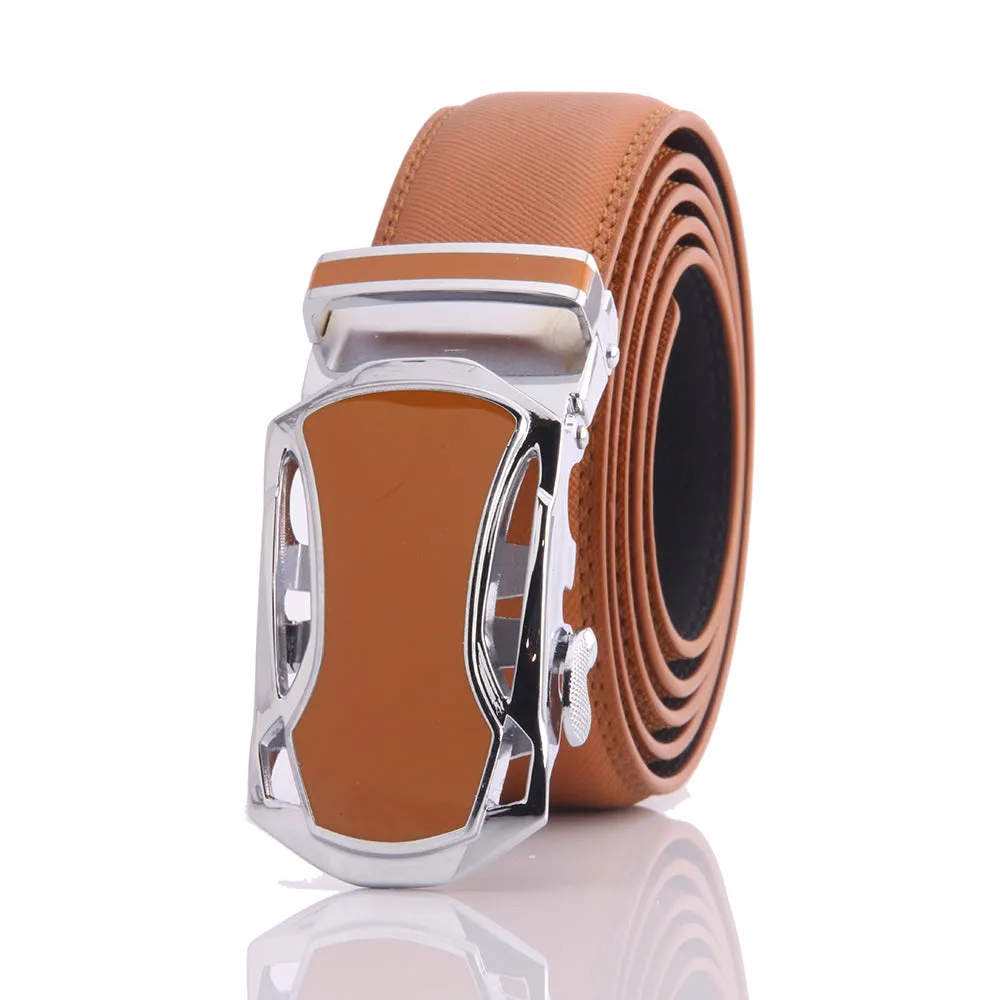 Tan Mens Adjustable Ratchet Slide Buckle Belt - Genuine Leather Automatic Belt with No Holes