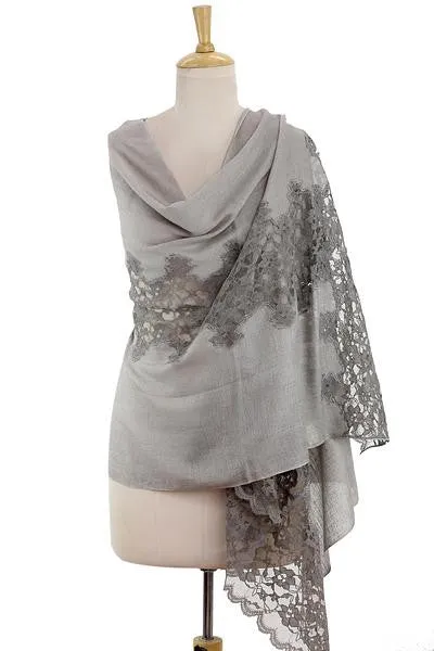Taupe Grey Shawl Trimmed with Floral Lace