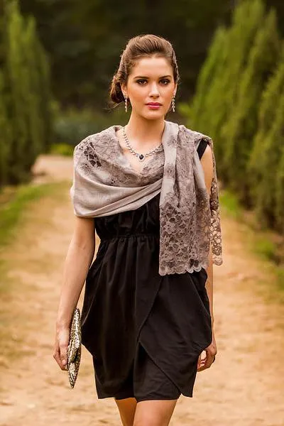 Taupe Grey Shawl Trimmed with Floral Lace