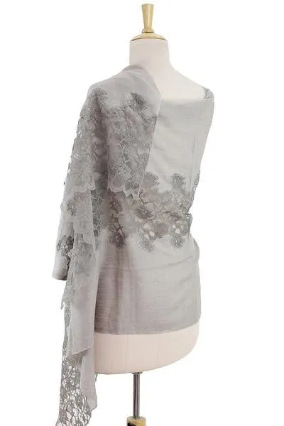 Taupe Grey Shawl Trimmed with Floral Lace