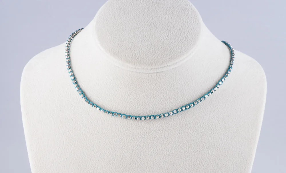 Thai Silver Choker with Blue Waxed Linen