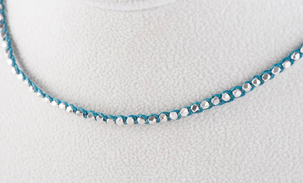 Thai Silver Choker with Blue Waxed Linen