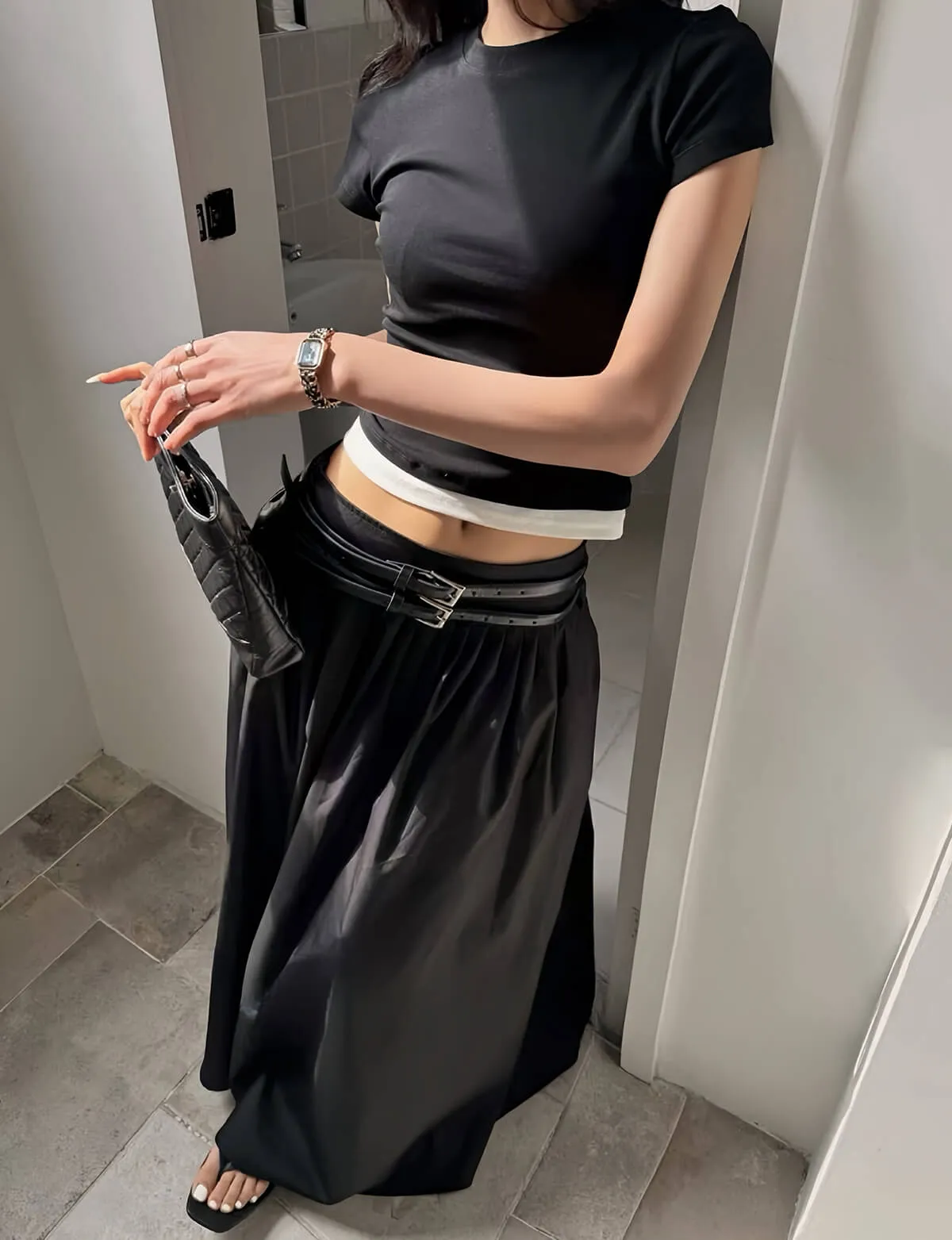 Thea Black Double-Belted Skirt