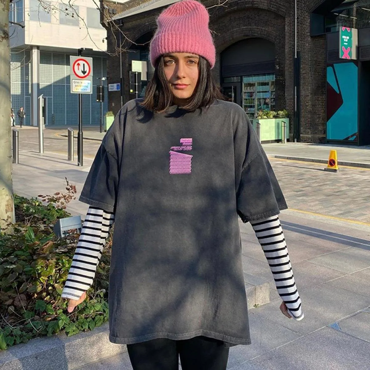 themeisles Ramen Glitch Wave Striped Sleeve Top