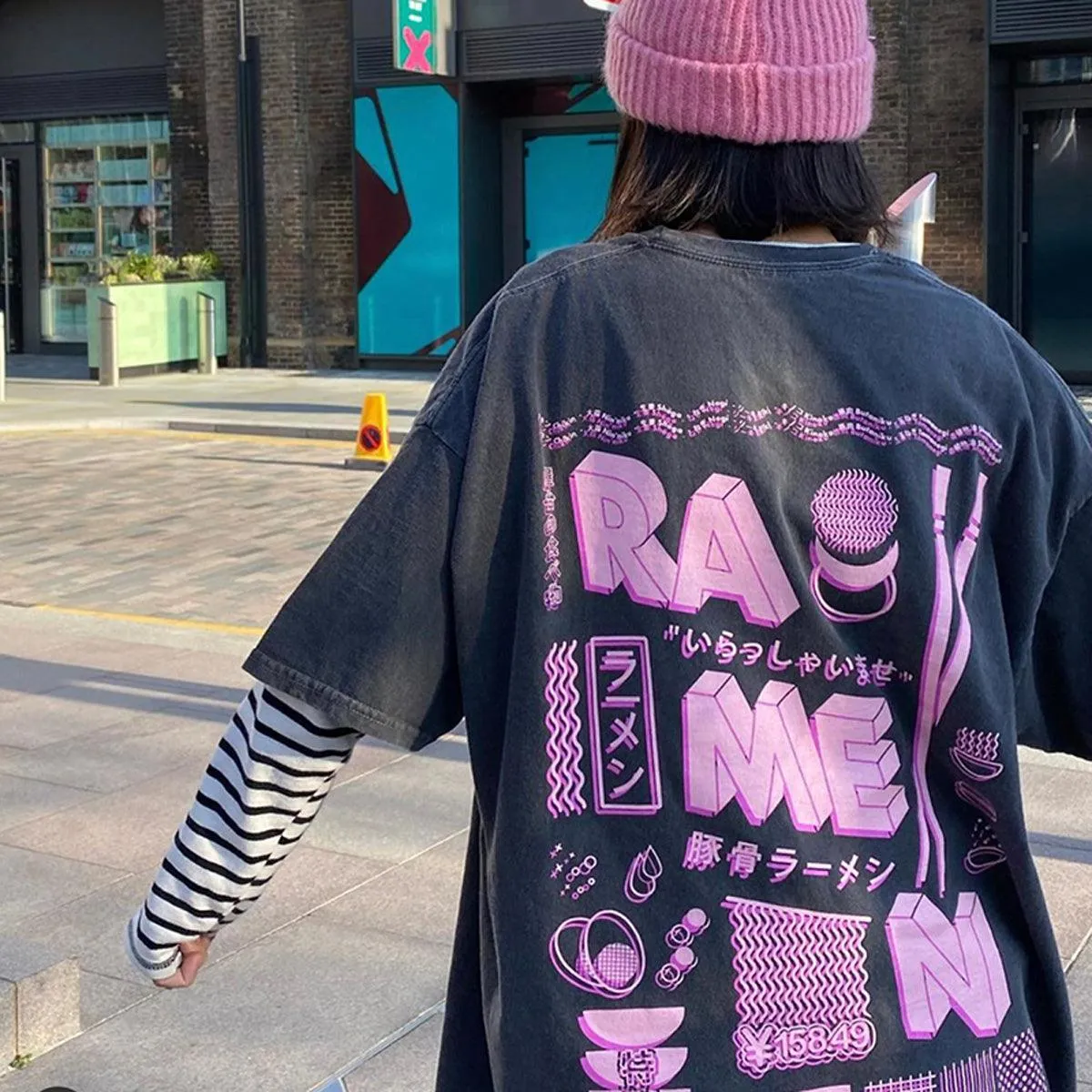 themeisles Ramen Glitch Wave Striped Sleeve Top