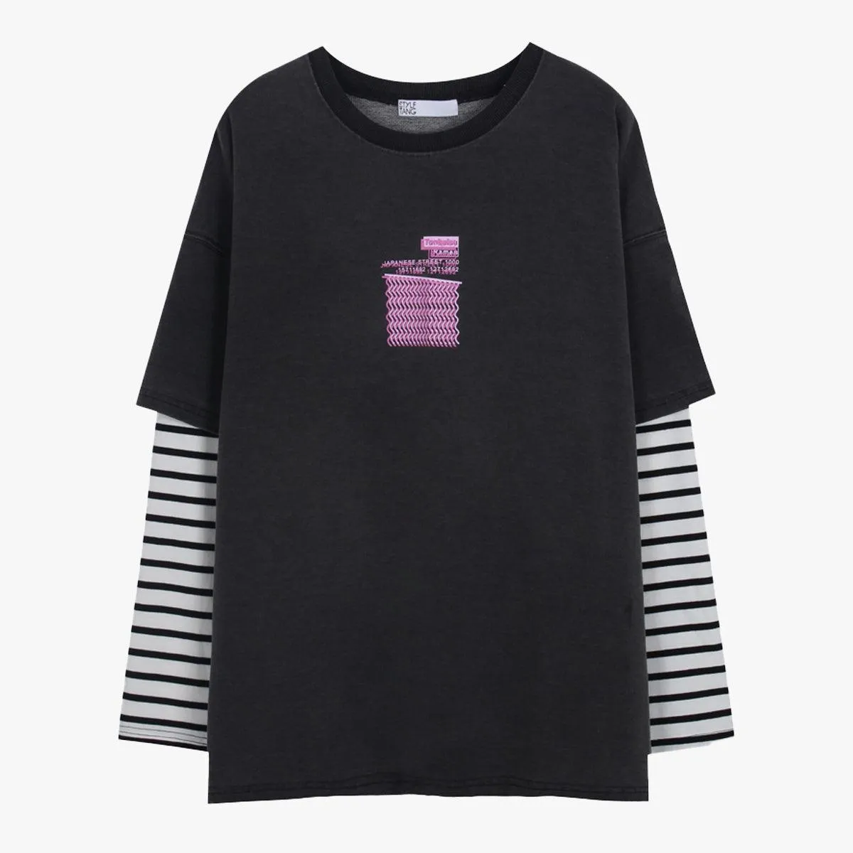 themeisles Ramen Glitch Wave Striped Sleeve Top