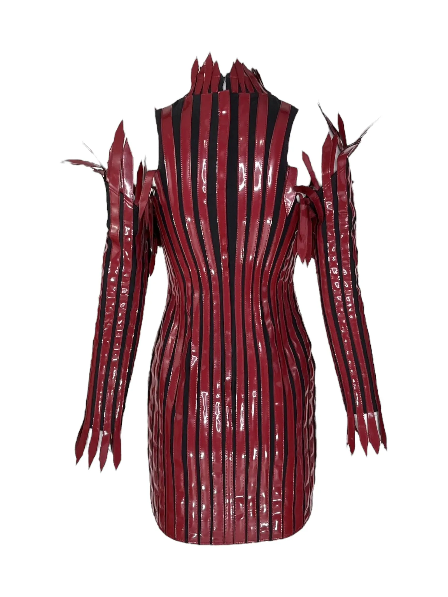 Thierry Mugler, Maroon Vinyl Spiked Dress with Sleeves, 'Music Hall', FW 1990-91, Size 2 US