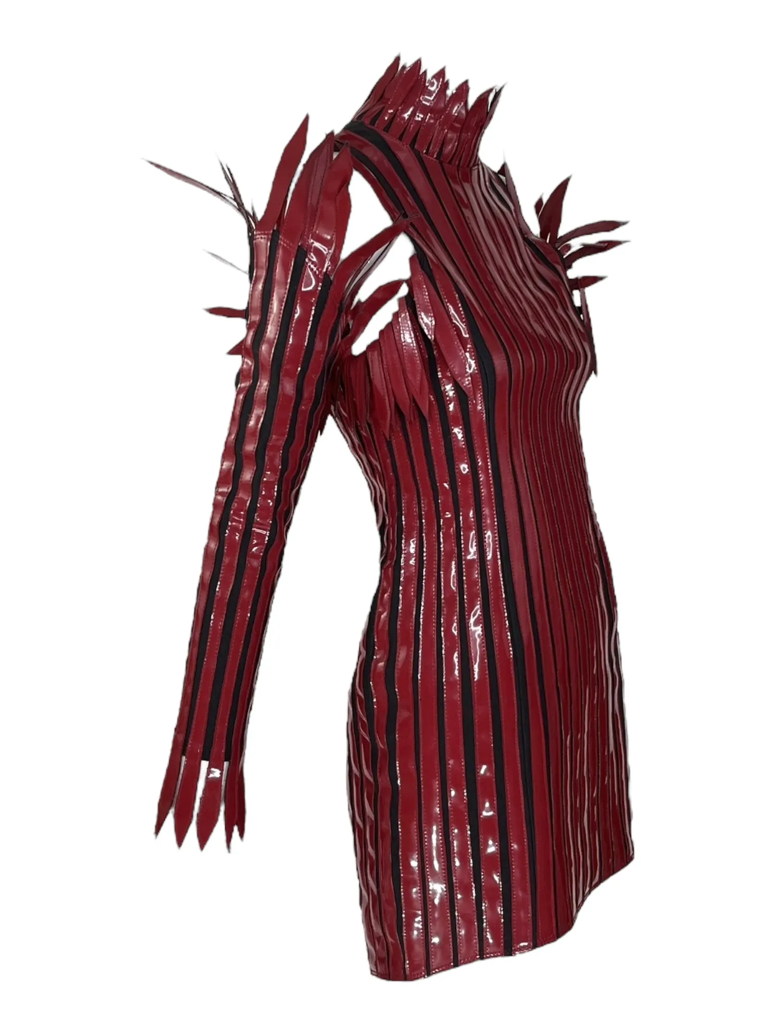 Thierry Mugler, Maroon Vinyl Spiked Dress with Sleeves, 'Music Hall', FW 1990-91, Size 2 US